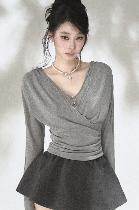 Floral Lace Cross-Over Knit Top