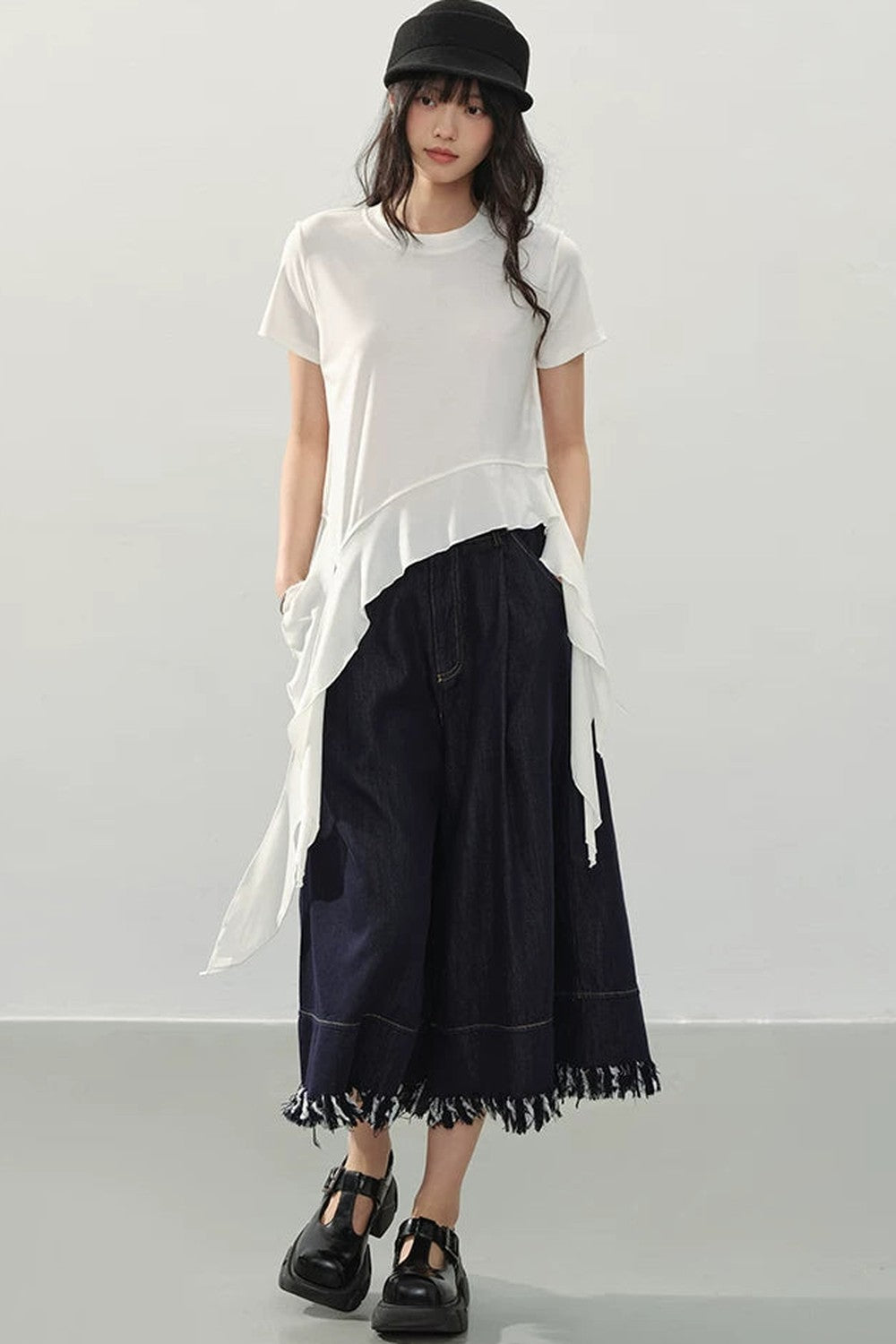 Black Fringe Wide-Leg Denim Culottes