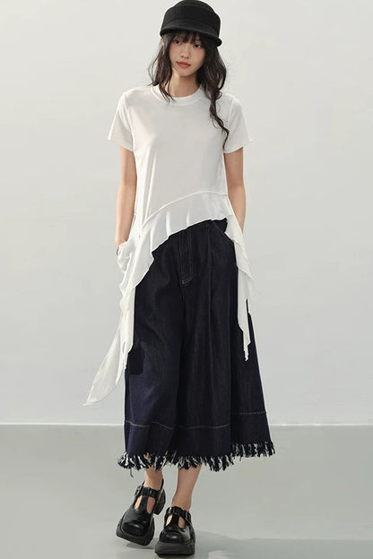Black Fringe Wide-Leg Denim Culottes