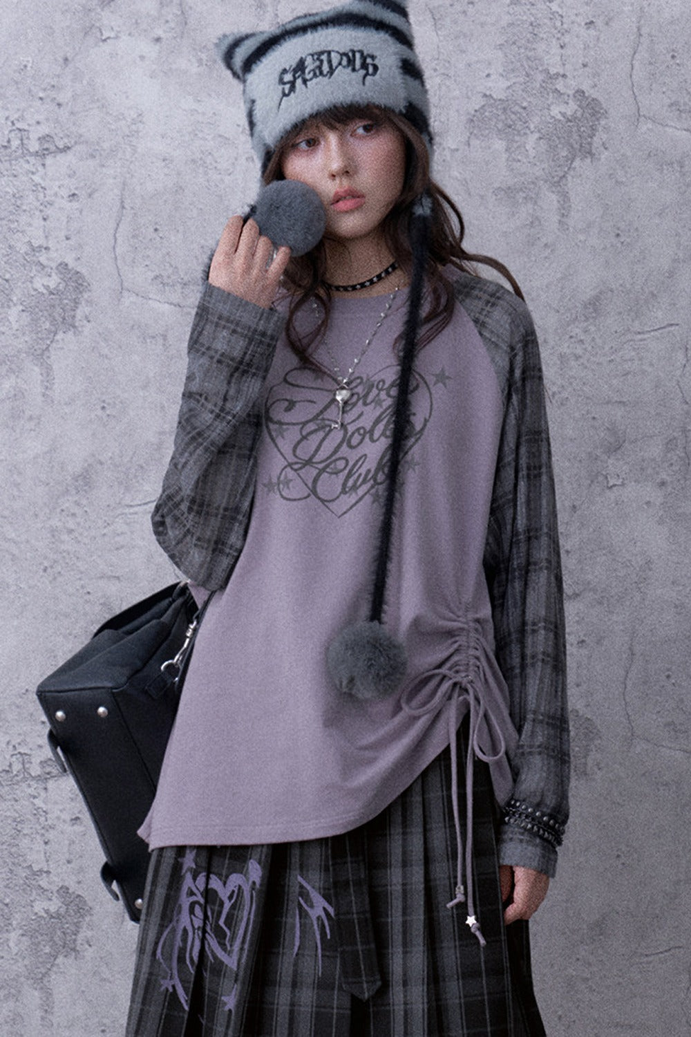 Gray-Purple Raglan Sleeve Printed Drawstring T-Shirt and Plaid Skirt Set