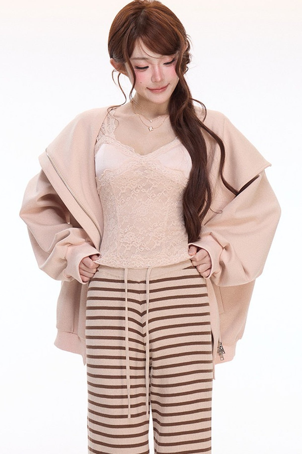 Hooded Sweatshirt Jacket Lace Camisole Knitted Striped Pants Set-Up