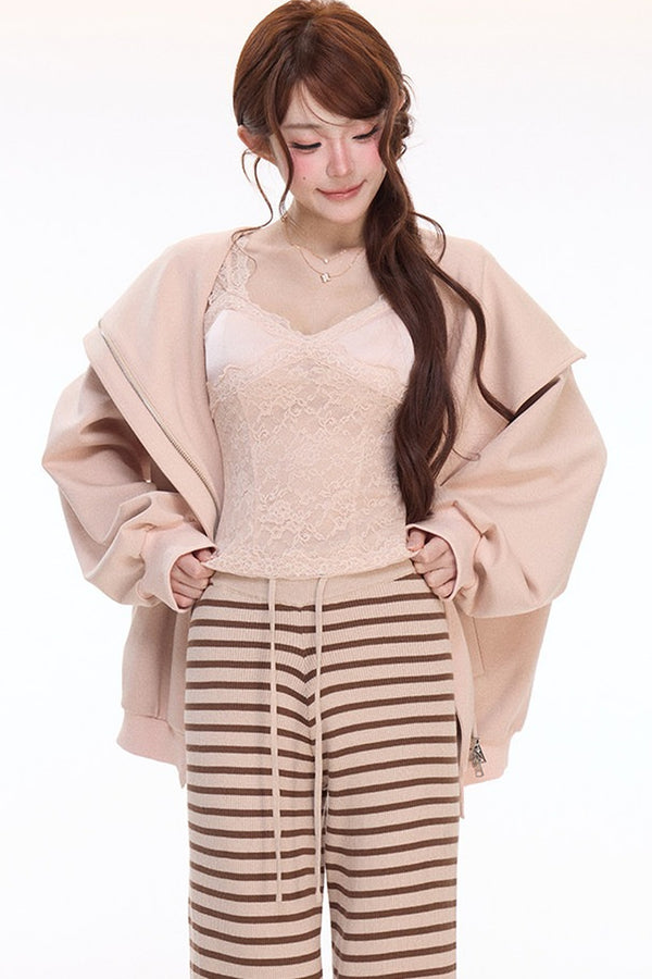 Hooded Sweatshirt Jacket Lace Camisole Knitted Striped Pants Set-Up