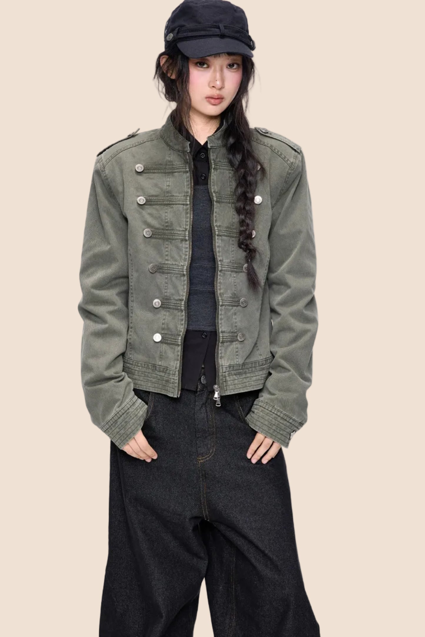 Short Double-Breasted Vintage Denim Jacket