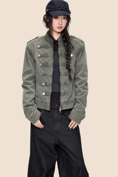 Short Double-Breasted Vintage Denim Jacket