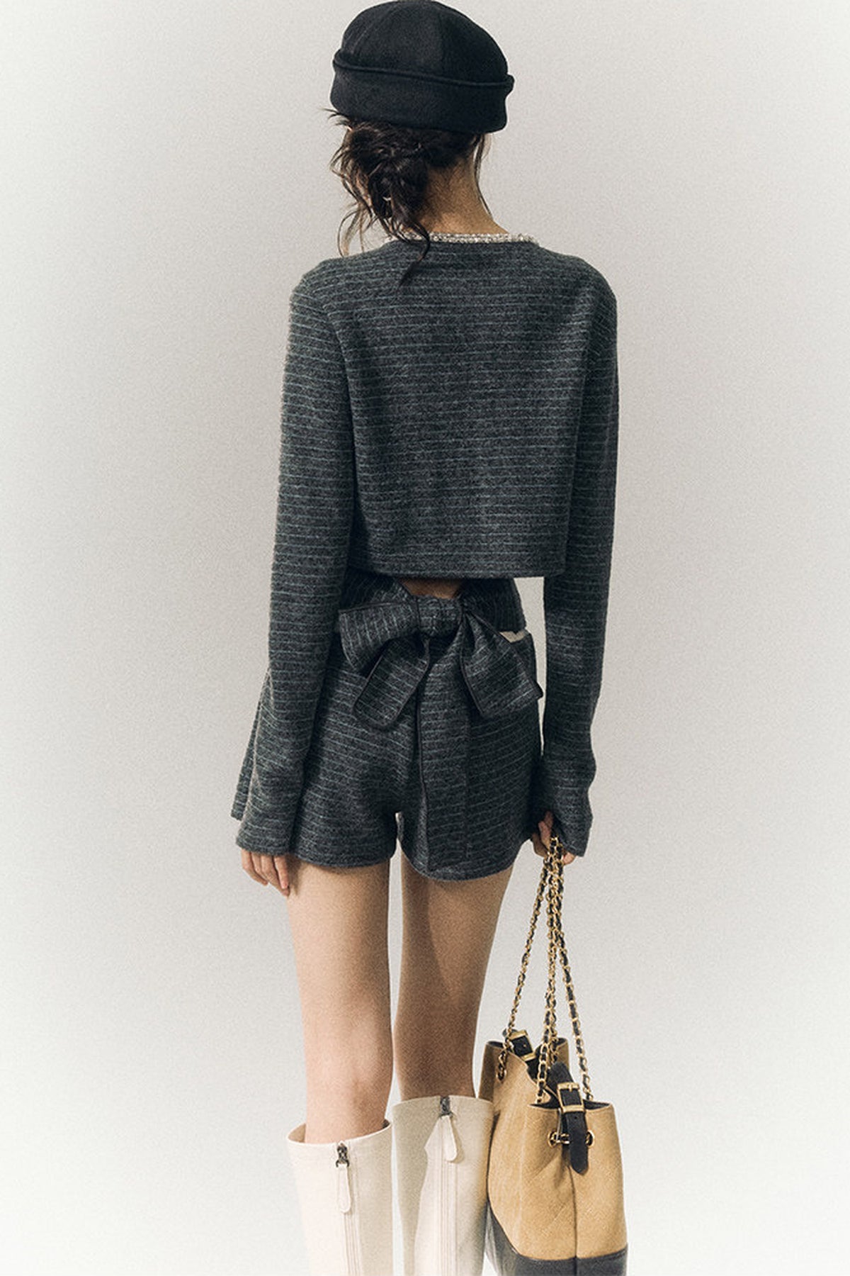 Beaded Lace-Up Wool Knit Top and Shorts and Cardigan Set-Up