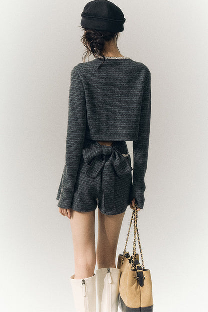 Beaded Lace-Up Wool Knit Top and Shorts and Cardigan Set-Up