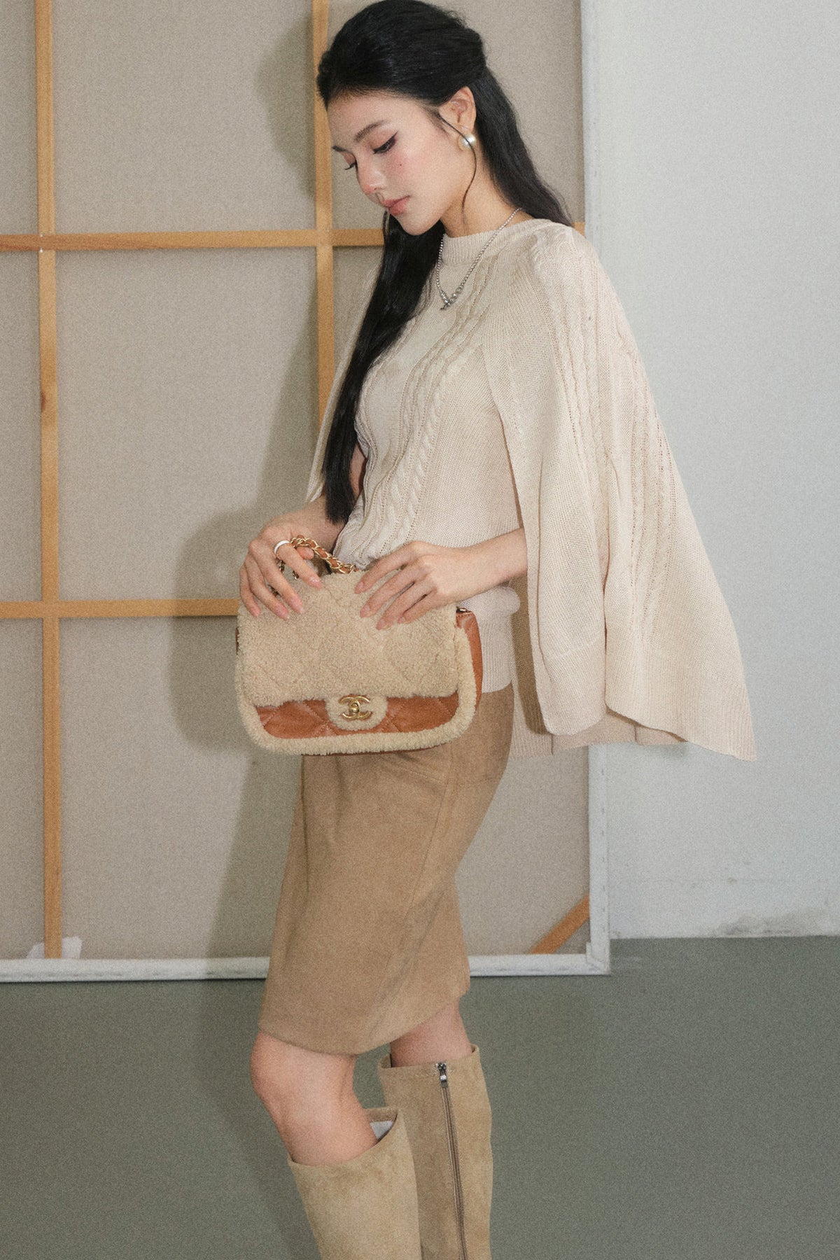 Off-White Lyocell Semi-Sheer Long-Sleeve Top and Skirt Set-Up