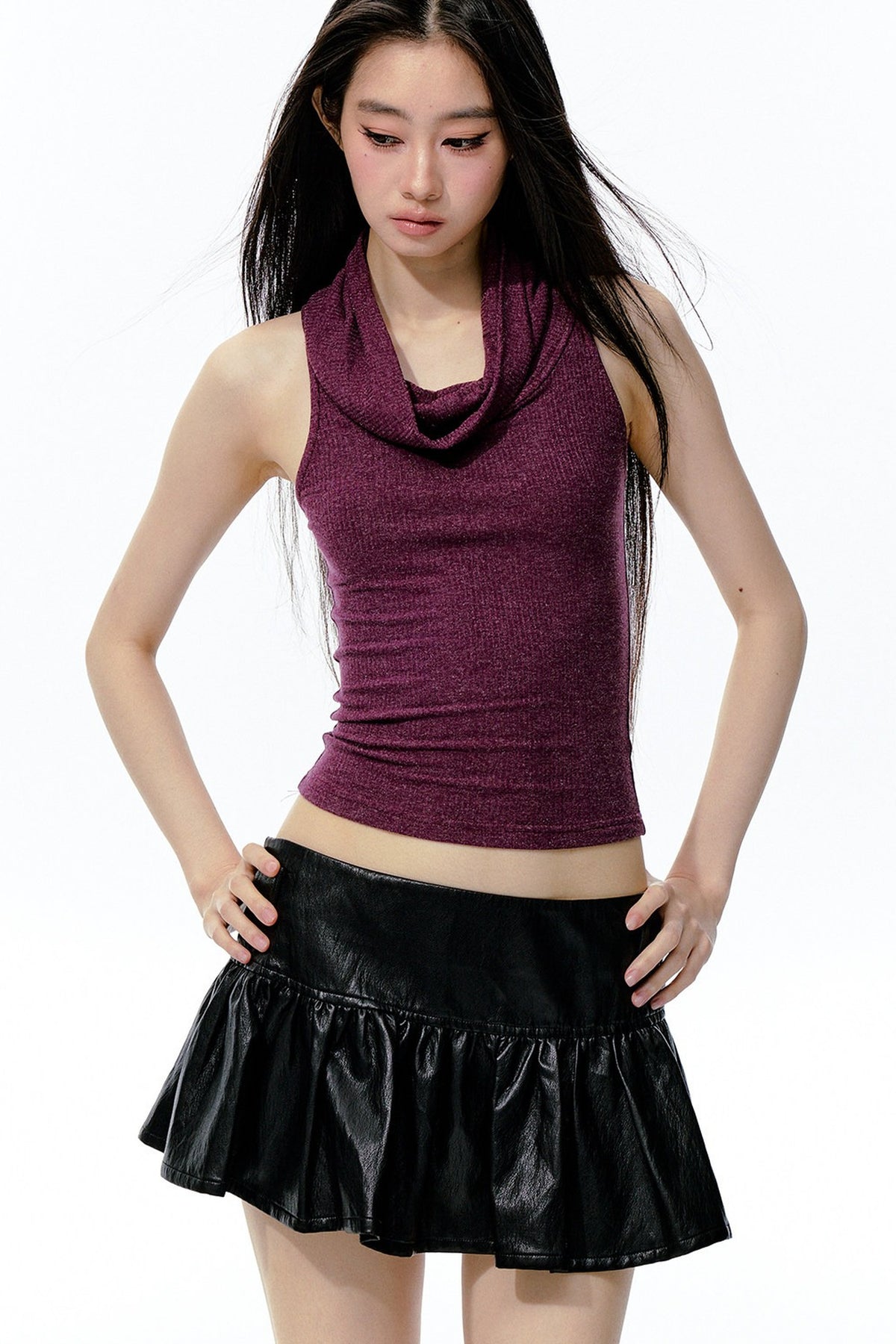 Knitted Shimmering Ribbed Large Lapel Camisole