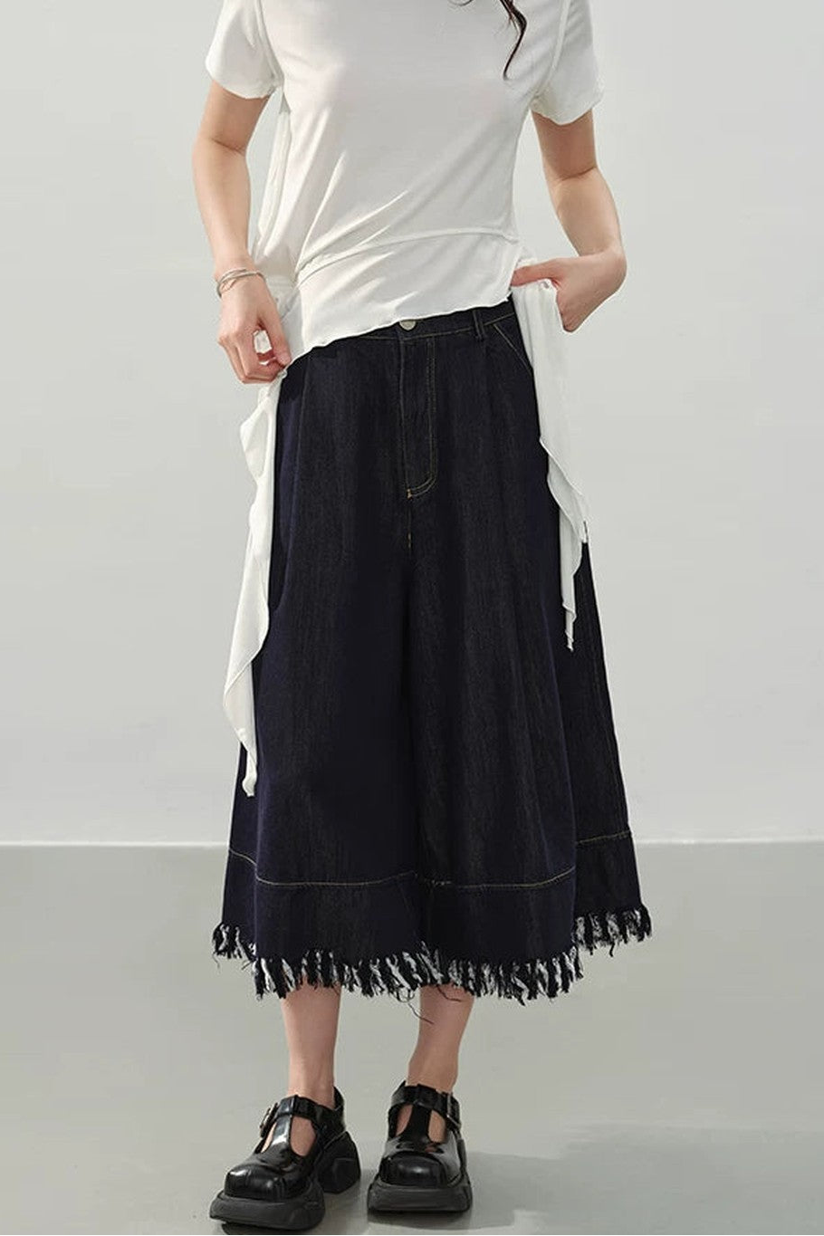 Black Fringe Wide-Leg Denim Culottes