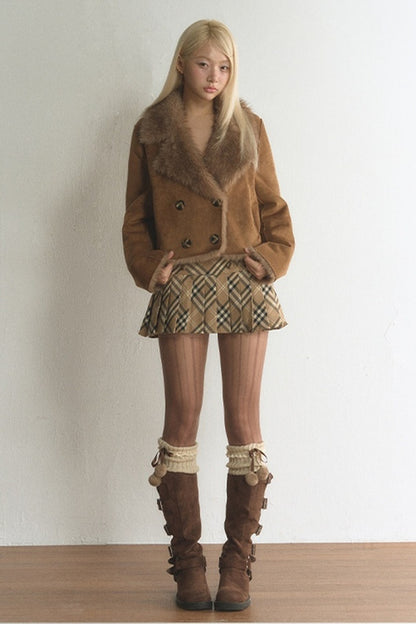 Suede Fur Collar Double-Breasted Jacket With Skirt Set-Up