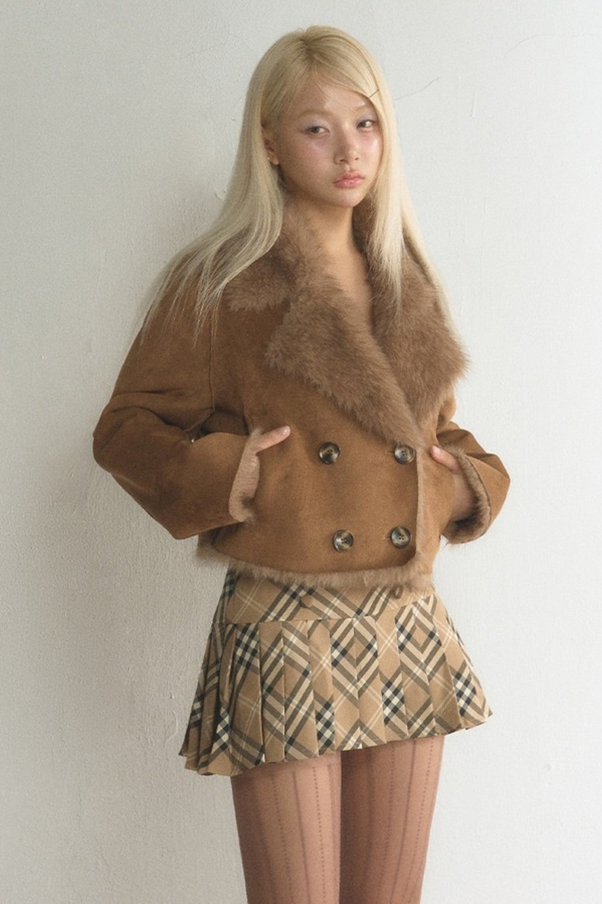 Suede Fur Collar Double-Breasted Jacket With Skirt Set-Up