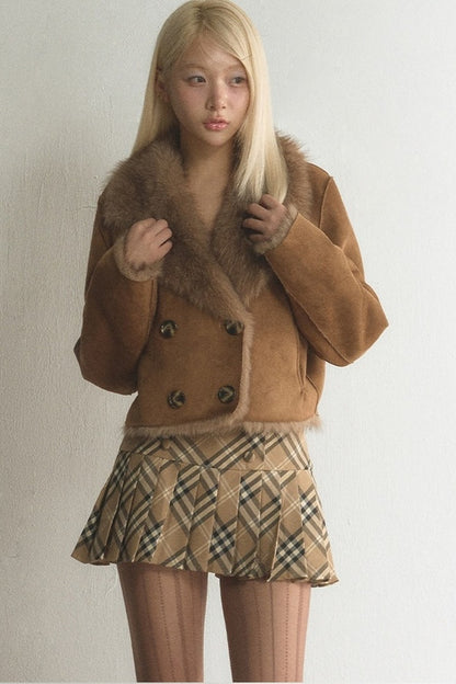 Suede Fur Collar Double-Breasted Jacket With Skirt Set-Up