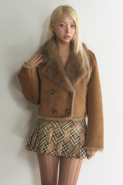 Suede Fur Collar Double-Breasted Jacket With Skirt Set-Up