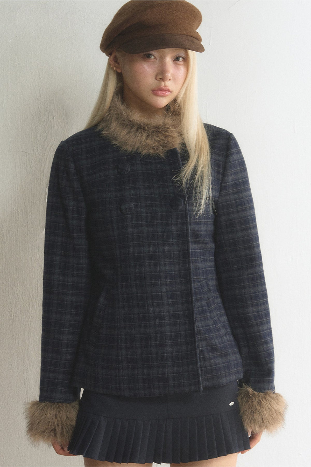 Plaid Woolen Jacket and Skirt Set-Up