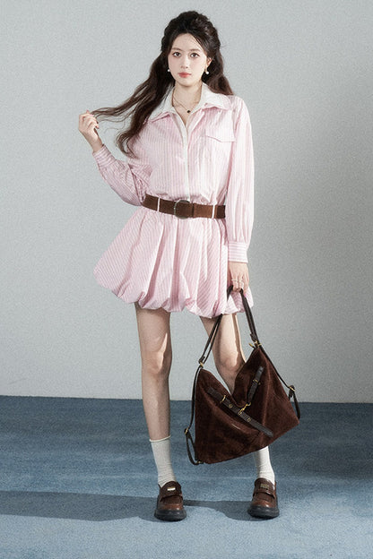 Pink Striped Bubble Shirt Dress