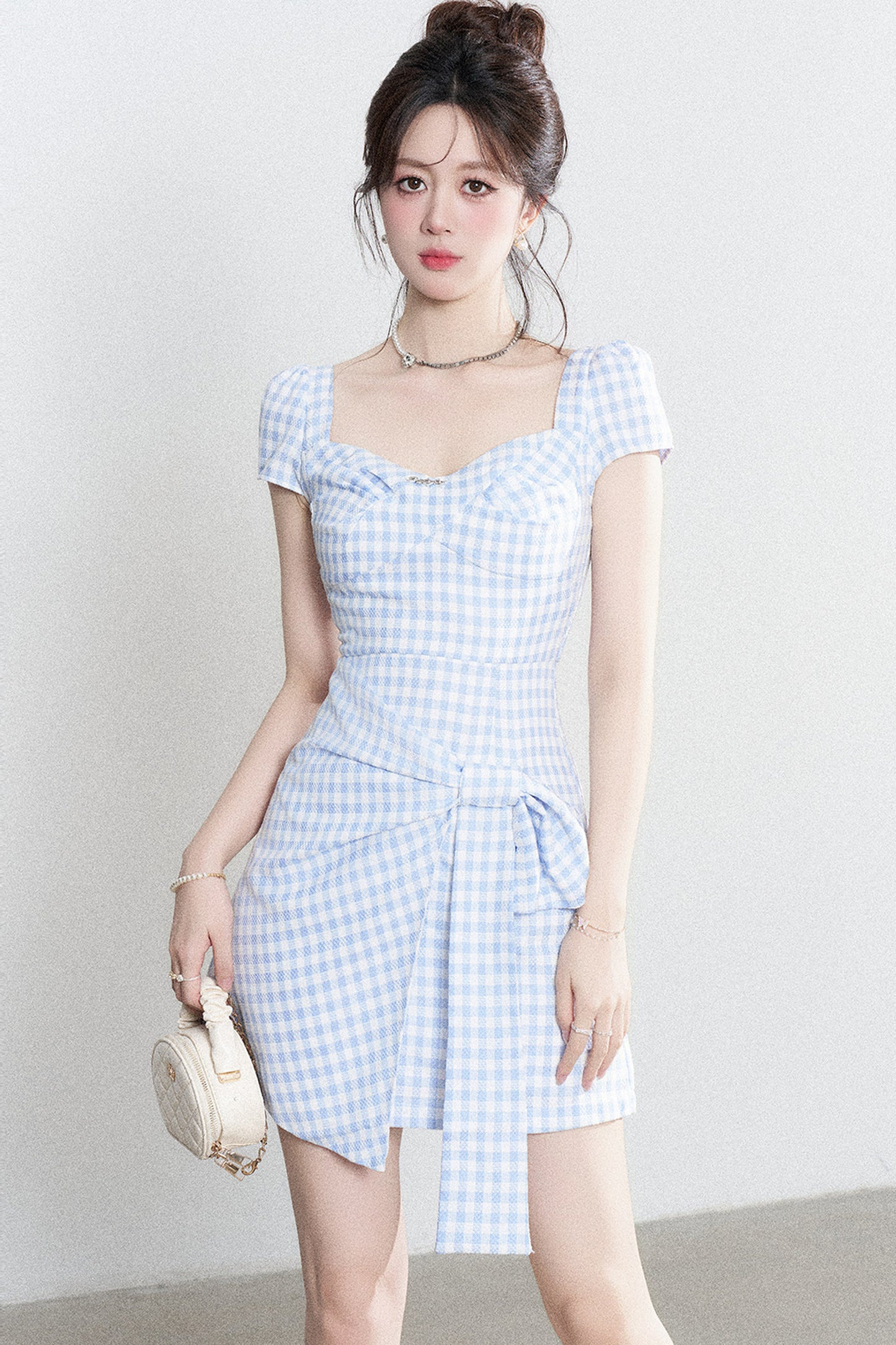 Blue Plaid Square Neck Irregular Dress