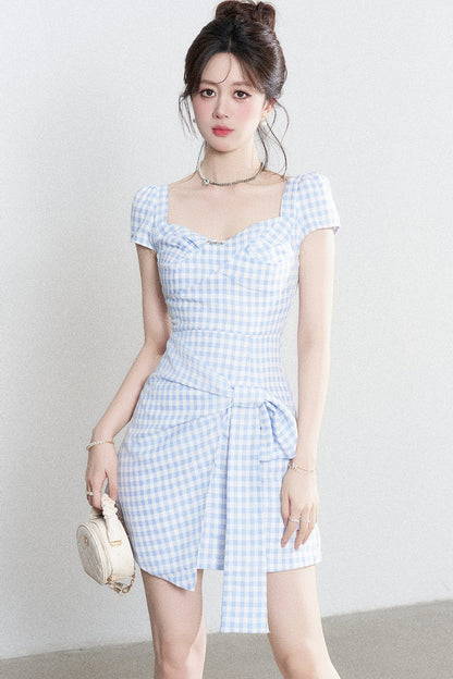 Blue Plaid Square Neck Irregular Dress