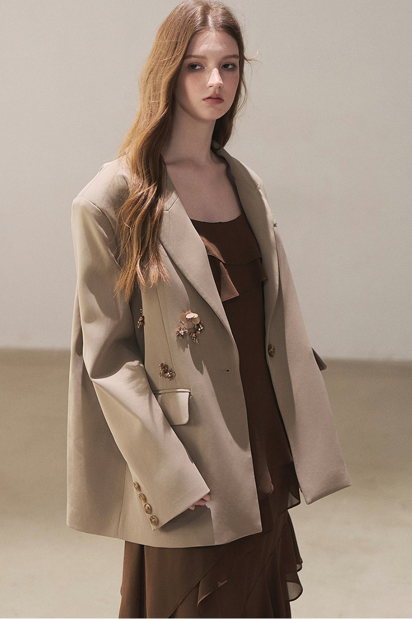 Beige Blazer With Brown Ruffle Spaghetti Strap Dress Set-Up