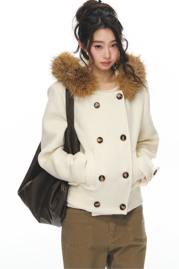 Wool Double-Breasted Fur Collar Coat Set-Up