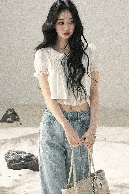 French Style Lace Puff Sleeve Blouse
