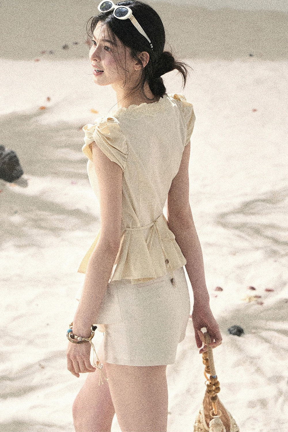 French V-Neck Lace Puff Sleeve Blouse