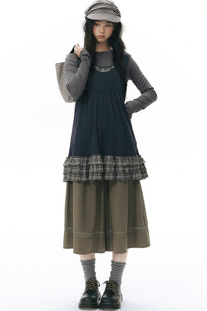 Elastic Waist Patchwork Wide-Leg Skirt Pants