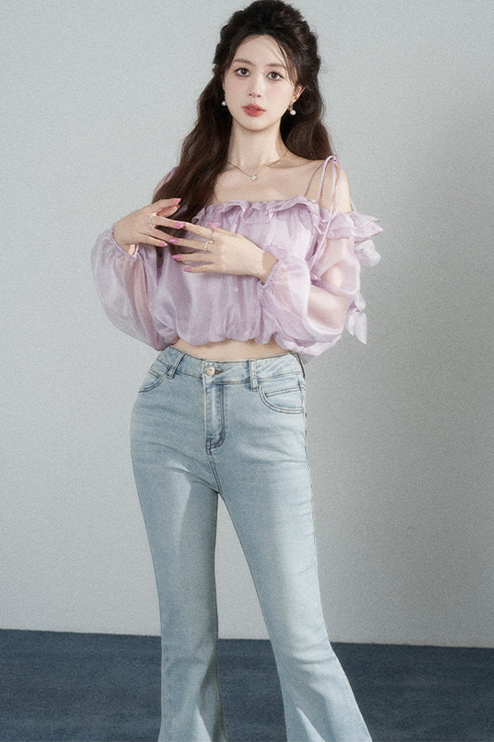 Ruffled One-Shoulder Chiffon Blouse