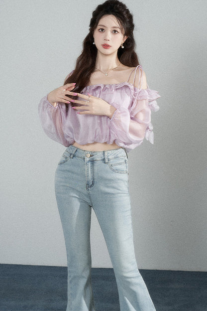 Ruffled One-Shoulder Chiffon Blouse