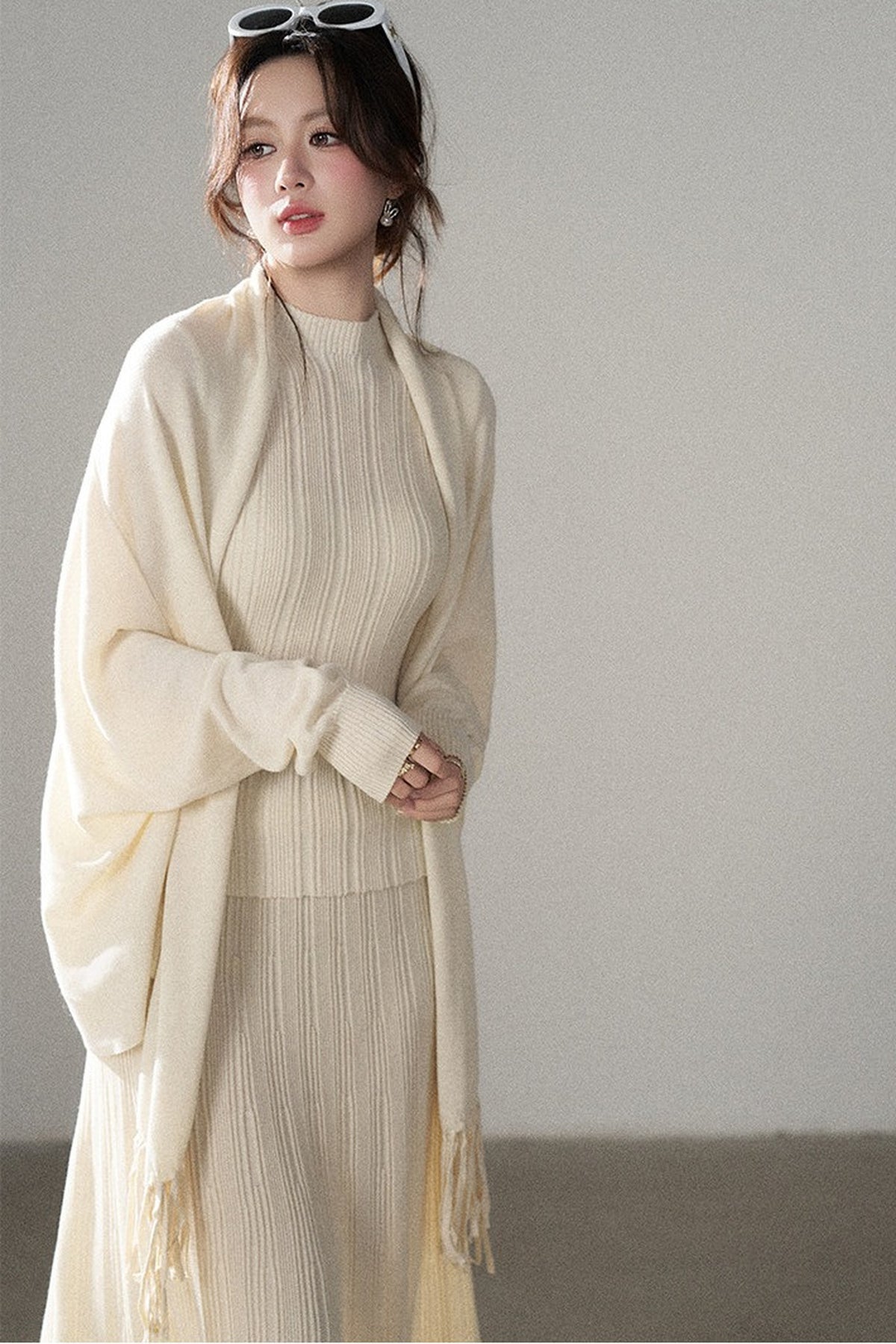 Turtleneck Sweater Long Skirt Shawl Cardigan Set