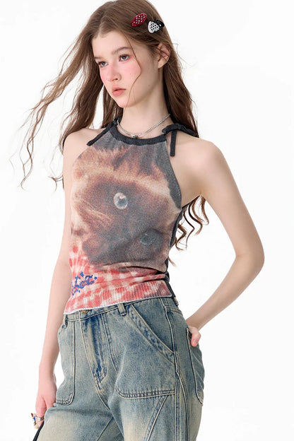 Lazy Style Cat Print Strappy Top