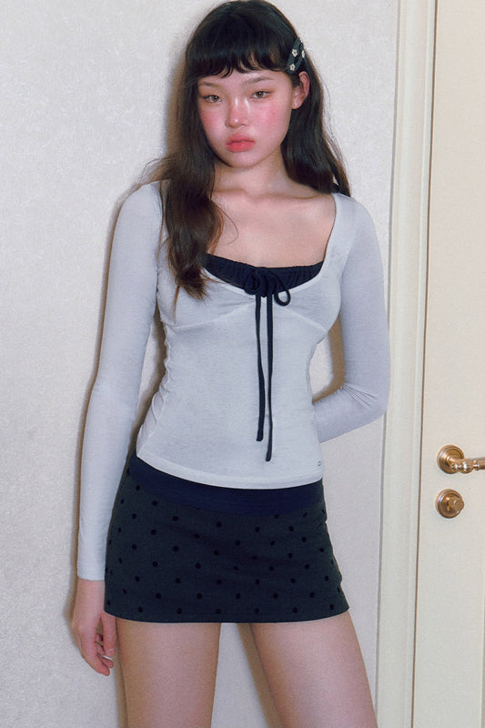 Color-Blocked Tie-Up Long-Sleeve Top and Skirt Set-Up