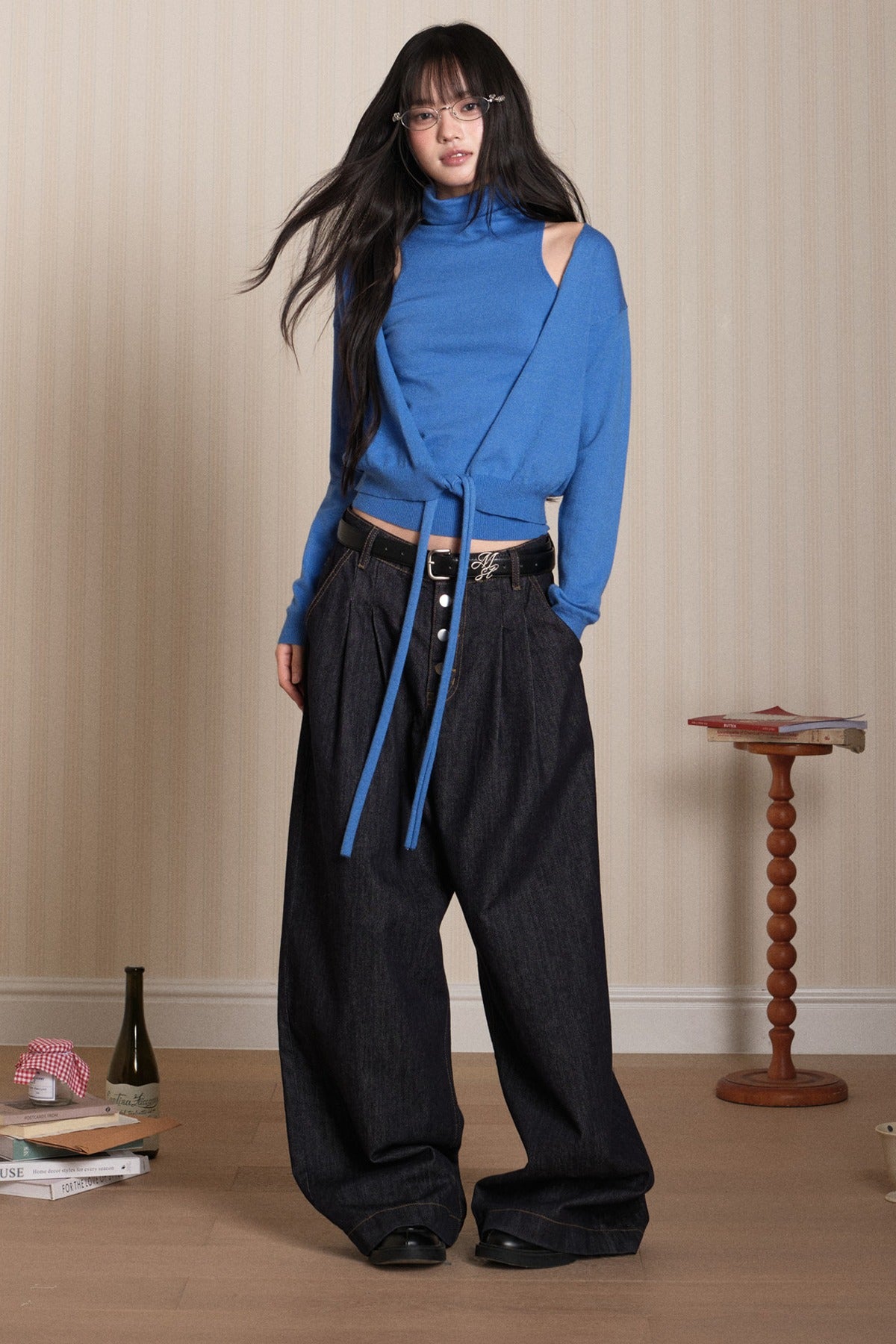Layered High-Neck Vest and Tie-Up Cardigan Set-Up