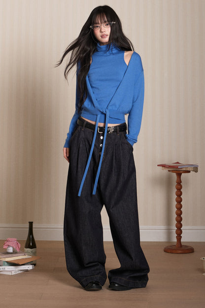 Layered High-Neck Vest and Tie-Up Cardigan Set-Up
