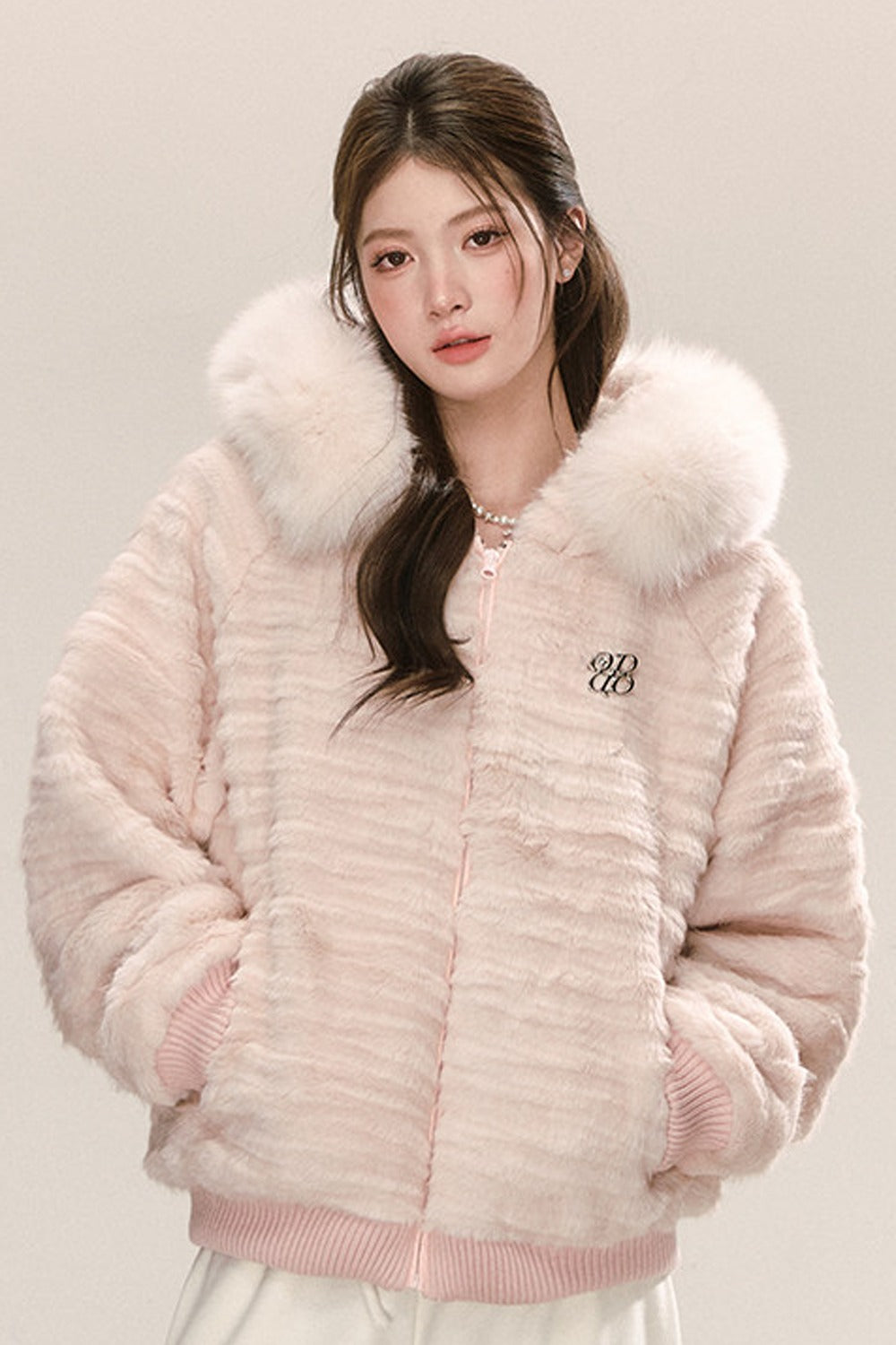Pink Hooded Fur Collar Jacket