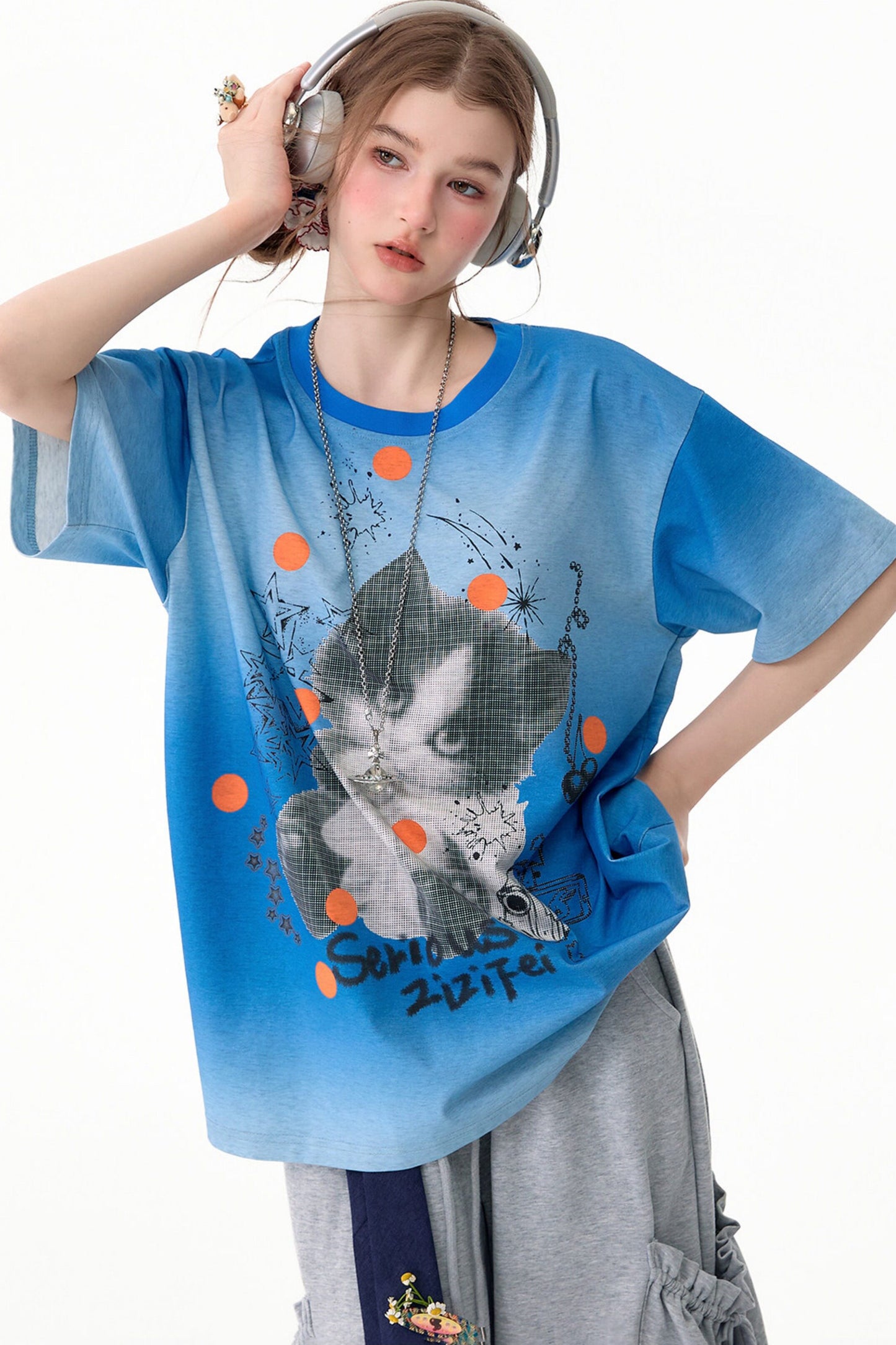Blue Gradient Cat Print T-Shirt