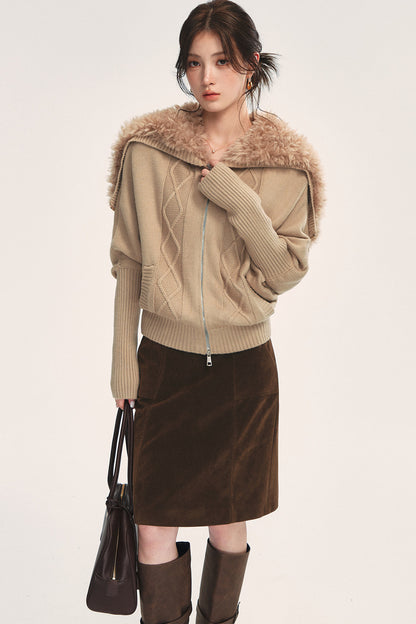 Detachable Navy Fur Collar Cable-Knit Cardigan