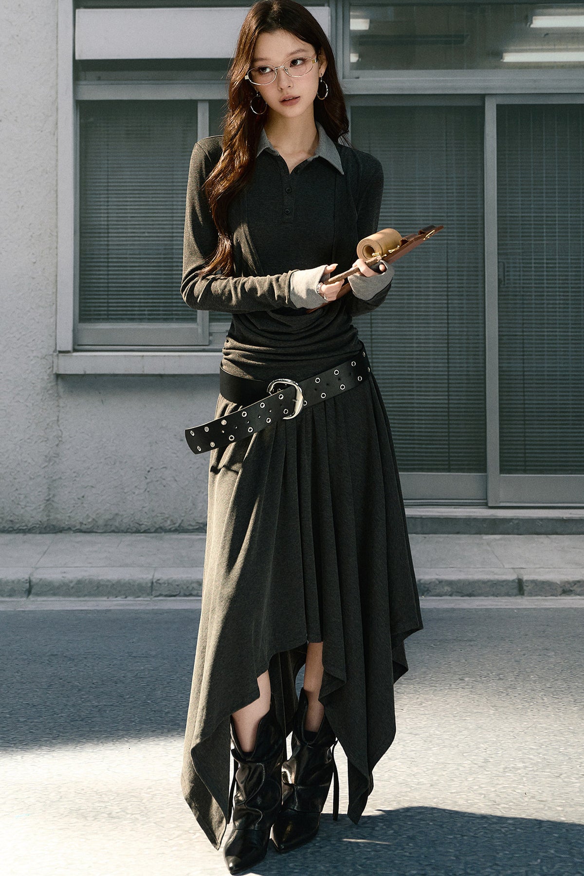 Gray Polo Collar Knitted Long Dress
