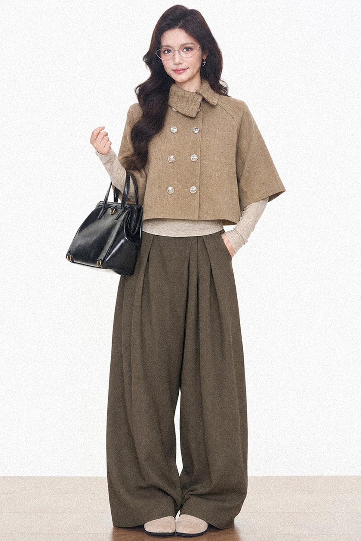 Double-Breasted Cape Coat and Wide-Leg Pants Set-Up