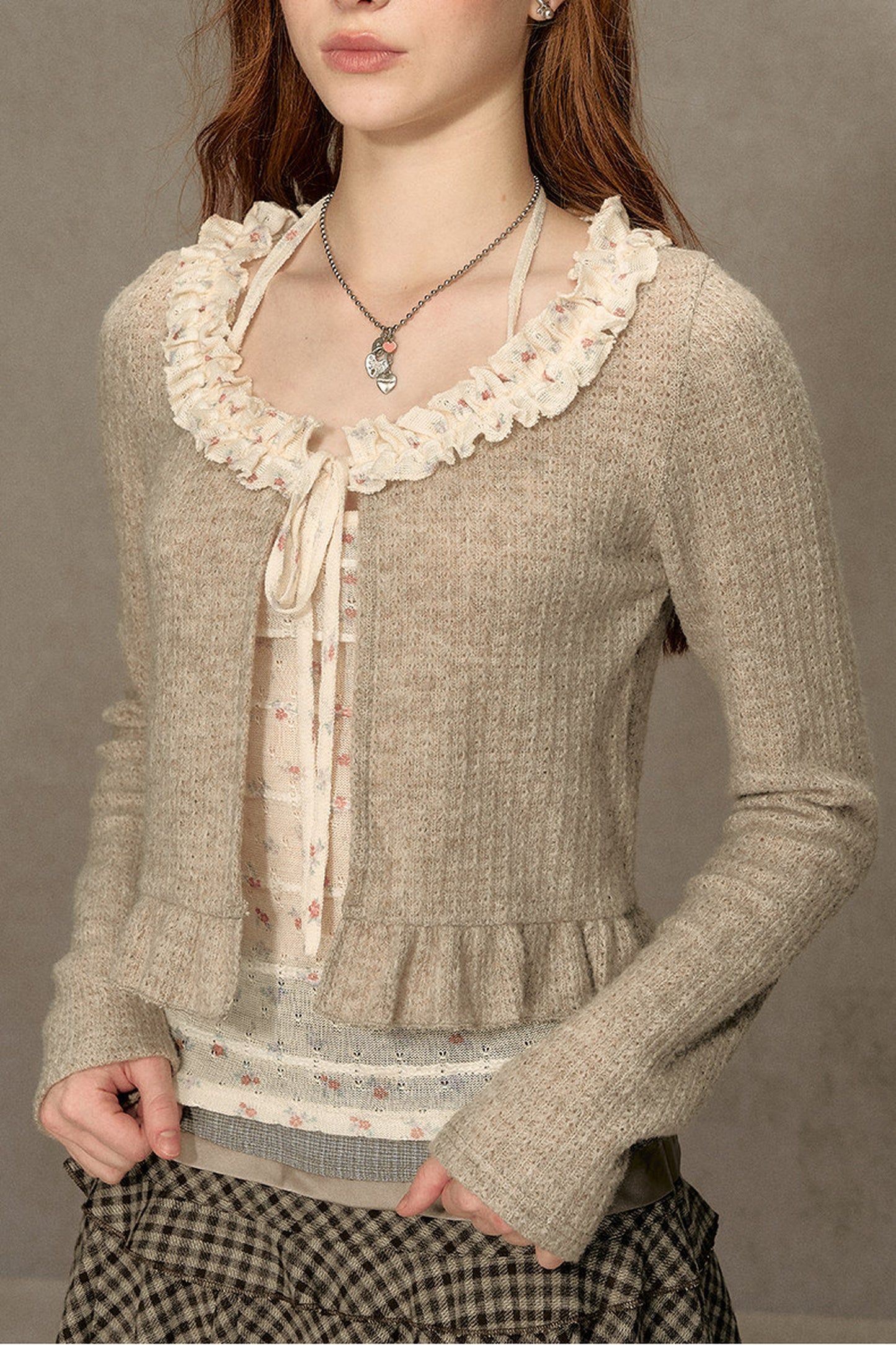 Ruffled Knit Cardigan With Camisole