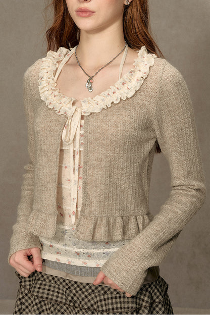 Ruffled Knit Cardigan With Camisole