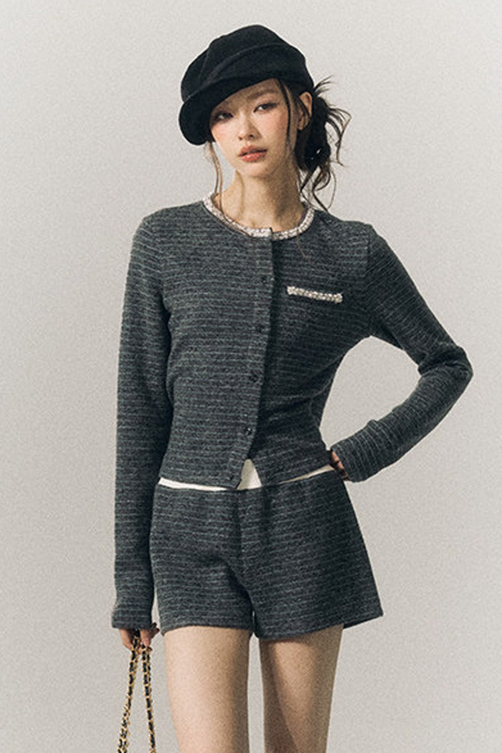 Beaded Lace-Up Wool Knit Top and Shorts and Cardigan Set-Up