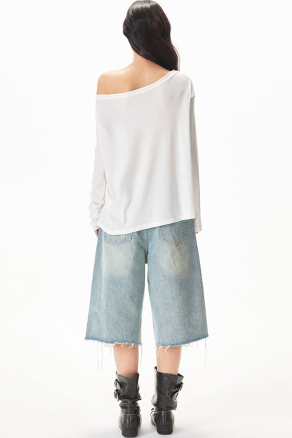 Watercolor Print Off-shoulder Long Sleeve Top