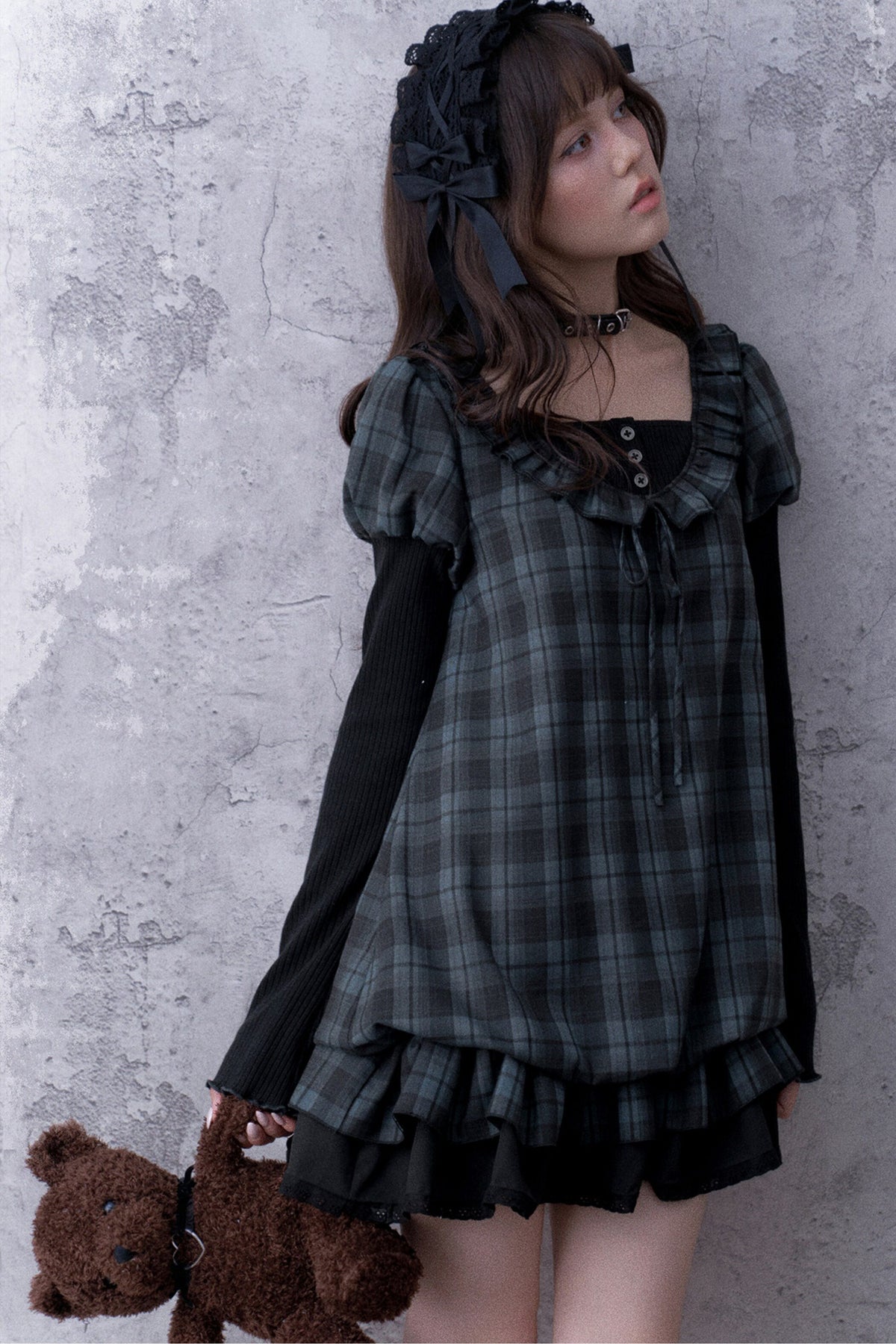 Robe babydoll à carreaux bleu et noir