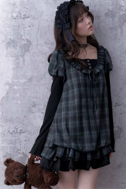 Robe babydoll à carreaux bleu et noir