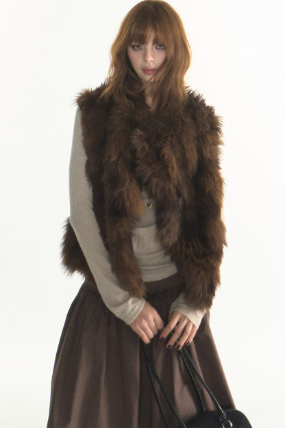 Reversible Fur Trim Knitted Patchwork Vest