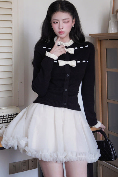 Bow Lace Collar Knitted Cardigan and Skirt Set-Up