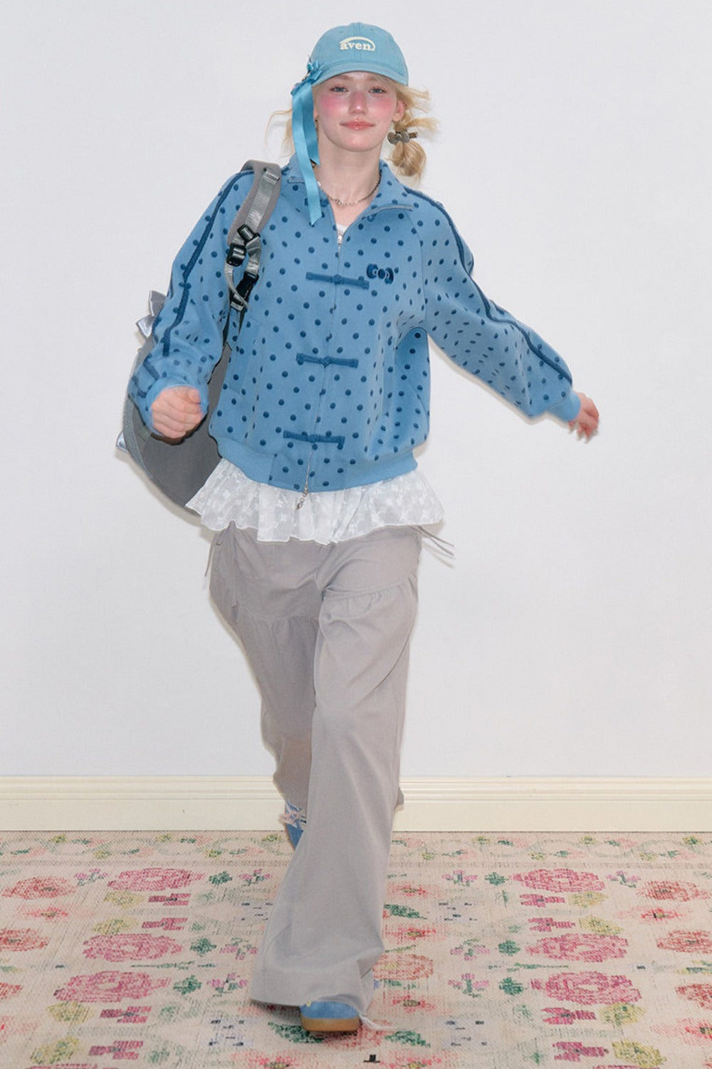 Blue Polka Dot Zipper Hoodie Jacket