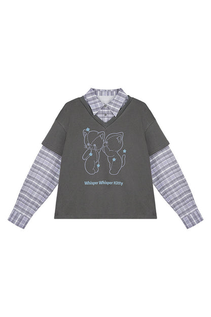 Sweatshirt im Lagenlook mit Katze und Karomuster