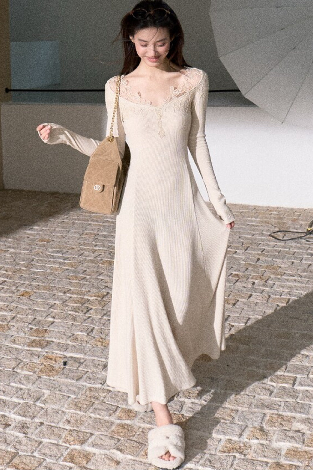 Spliced Lace Trim Long-Sleeve A-Line Dress