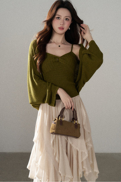 V-Neck Knitted Cardigan and Camisole Set-Up